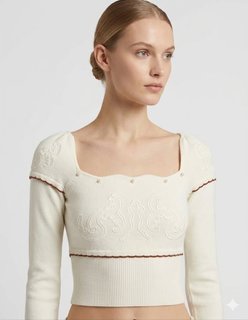 Simple Retro Embroidered Crop Top Long Western Beaded Square Neckline Blouse M